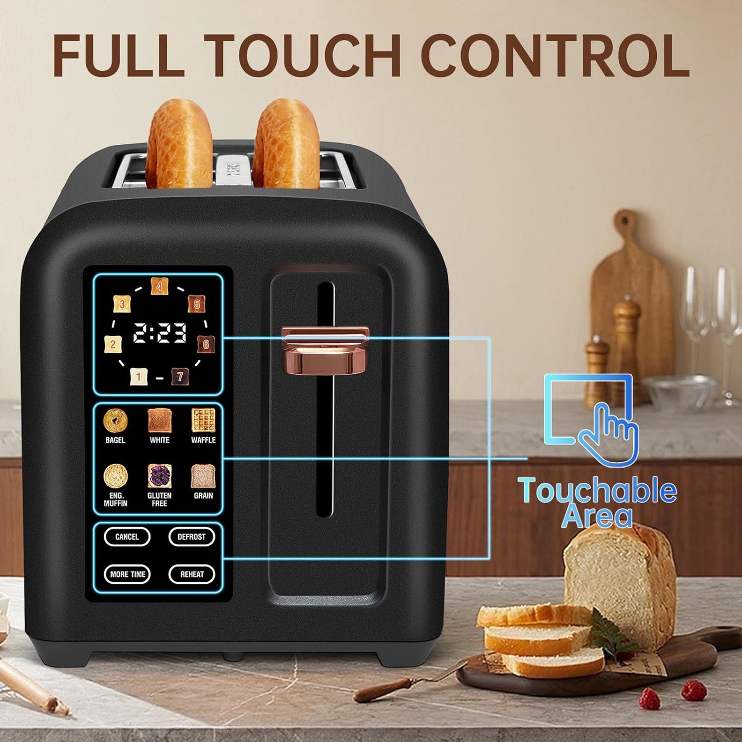 SEEDEEM Toaster 2 Slice, Touch Control Stainless Toaster LCD Display, 50% Faster Heating Speed, 1.4'' Wide Slots, More Timer Functions, Removable Crumb Tray, 1350W, Dark Chocolate