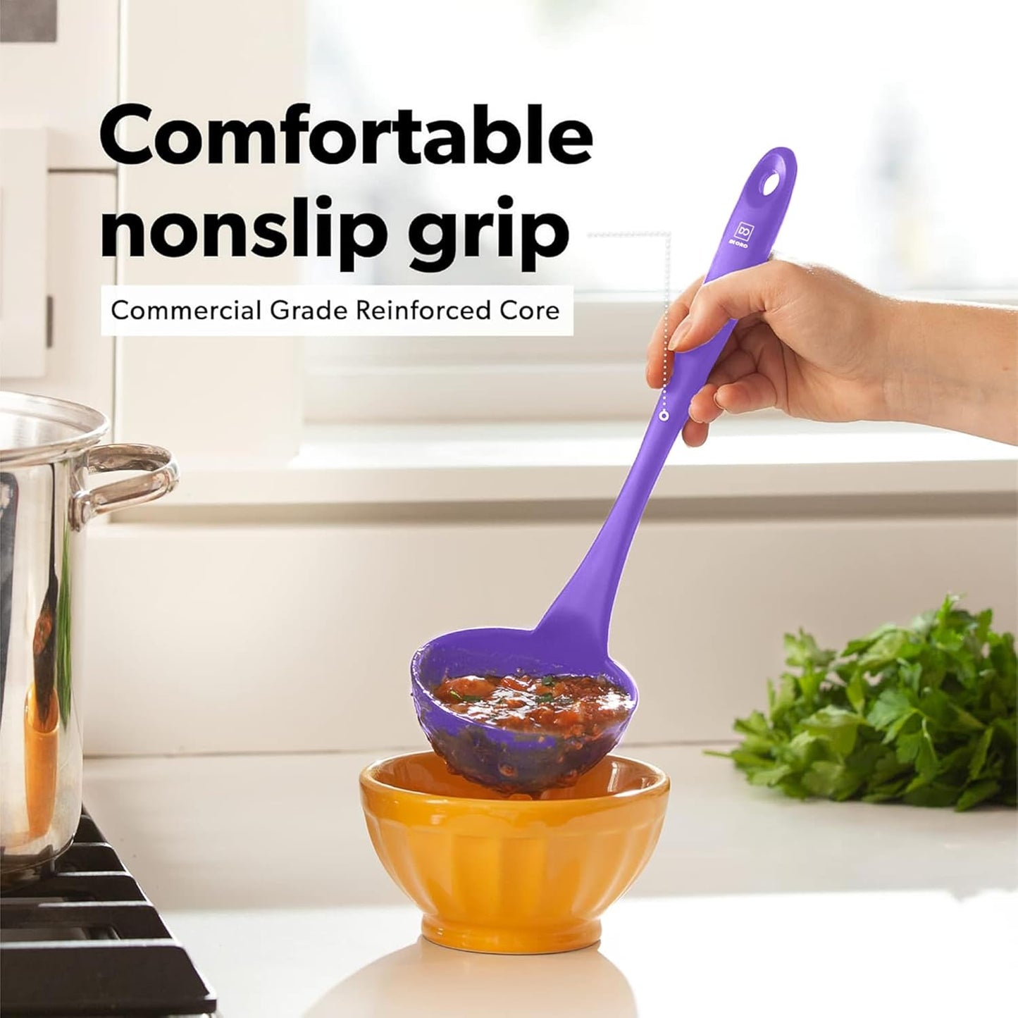 DI ORO Silicone Ladle & Spoons for Cooking – Large Kitchen Spoons for Mixing, Serving & Stirring - Soup Ladle with Wide Bowl - High Heat Silicone Kitchen Utensils for Nonstick Cookware Safe (Lavender)