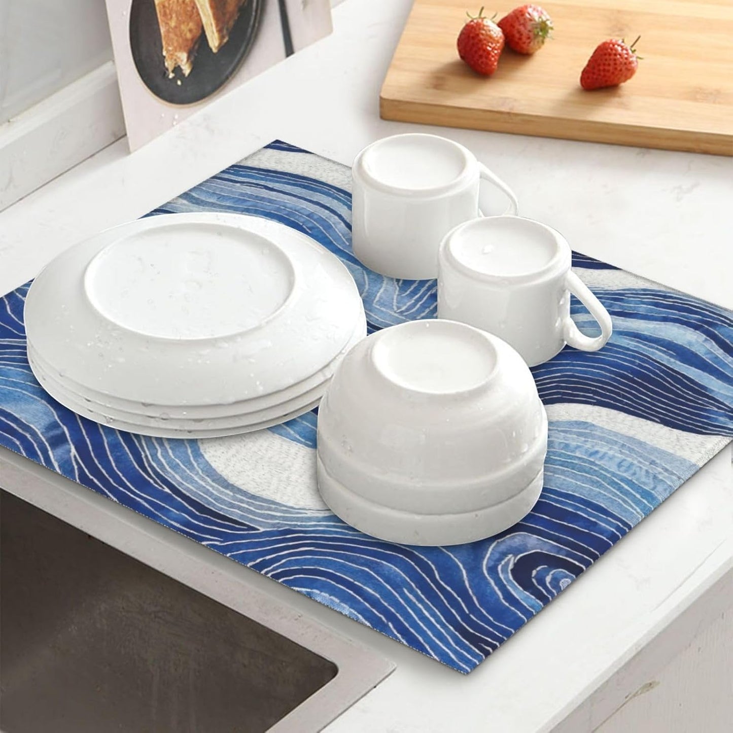 Blue White Wave Abstract Art Dish Drying Mat for Kitchen Counter & Sink, Absorbent Microfiber Ocean Drying Pad for Dishes, Foldable Nautical Modern Kitchen Mat for Dining Area & Home Decor, 16" x 18"