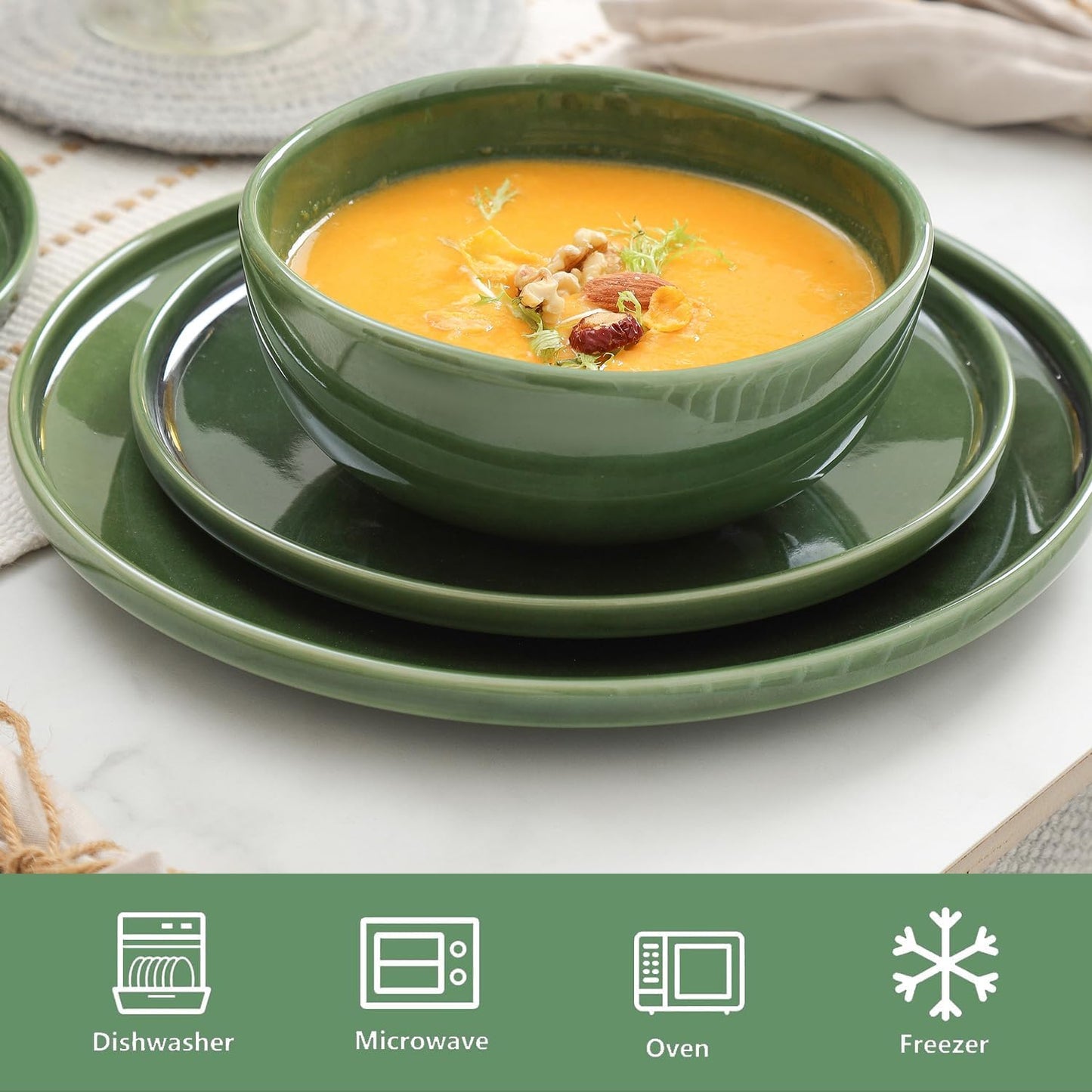 Vicrays Ceramic 12 Pieces Dinnerware Set - Dinner Plates Salad Plates Cereal Bowls Set Service for 4 - Scratch Resistant Microwave Oven Dishwasher Safe - Green