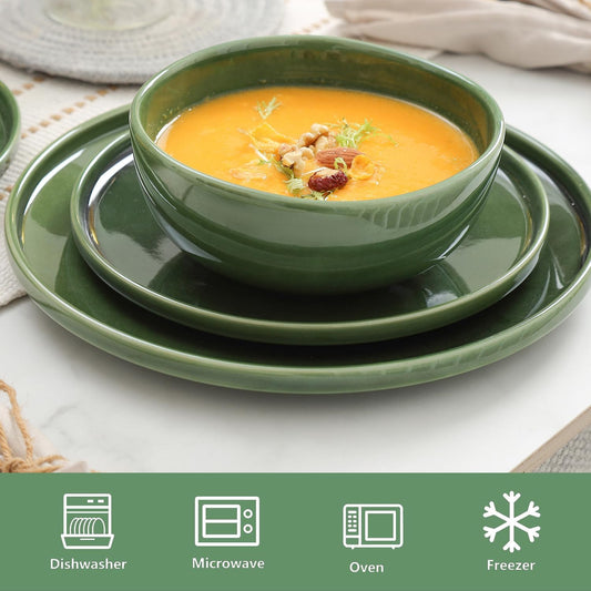 Vicrays Ceramic 12 Pieces Dinnerware Set - Dinner Plates Salad Plates Cereal Bowls Set Service for 4 - Scratch Resistant Microwave Oven Dishwasher Safe - Green