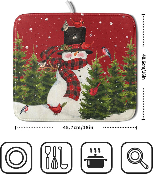 Christmas Tree Snowman Dish Drying Mats for Kitchen Counter 16×18 Inch Bird Snowflake Small Microfiber Drying Mat Kitchen Accessories Dish Rack Mat Drainer Pad Washable Absorbent