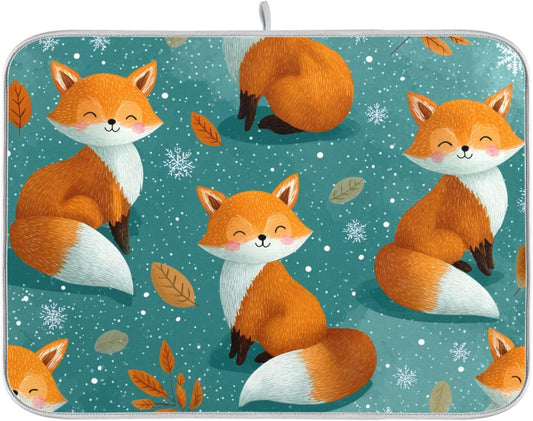 Cute Foxes Snow Pattern Dish Drying Mat for Kitchen Counter Super Absorbent Dishes Pad Reversible Microfiber Protector Dish Draining Mats 18x24 inch