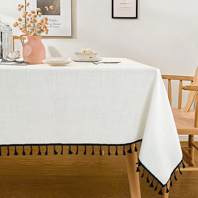 JIALE Textured Tablecloth, Heavy Duty Linen Style Table Cloth Rectangle Tables, Wrinkle-Free Washable Table Cover with Black Tassels for Kitchen, Dining, Parties, 55"x90", White