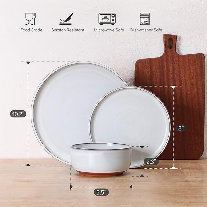 E-far Stoneware Dinnerware Sets for 6, 18 Pieces Reactive Glaze Plates and Bowls Sets, Elegant Dishes with Rustic Terracotta Clay Base, Dishwasher & Microwave Safe, Scratch Resistant, Glacier White