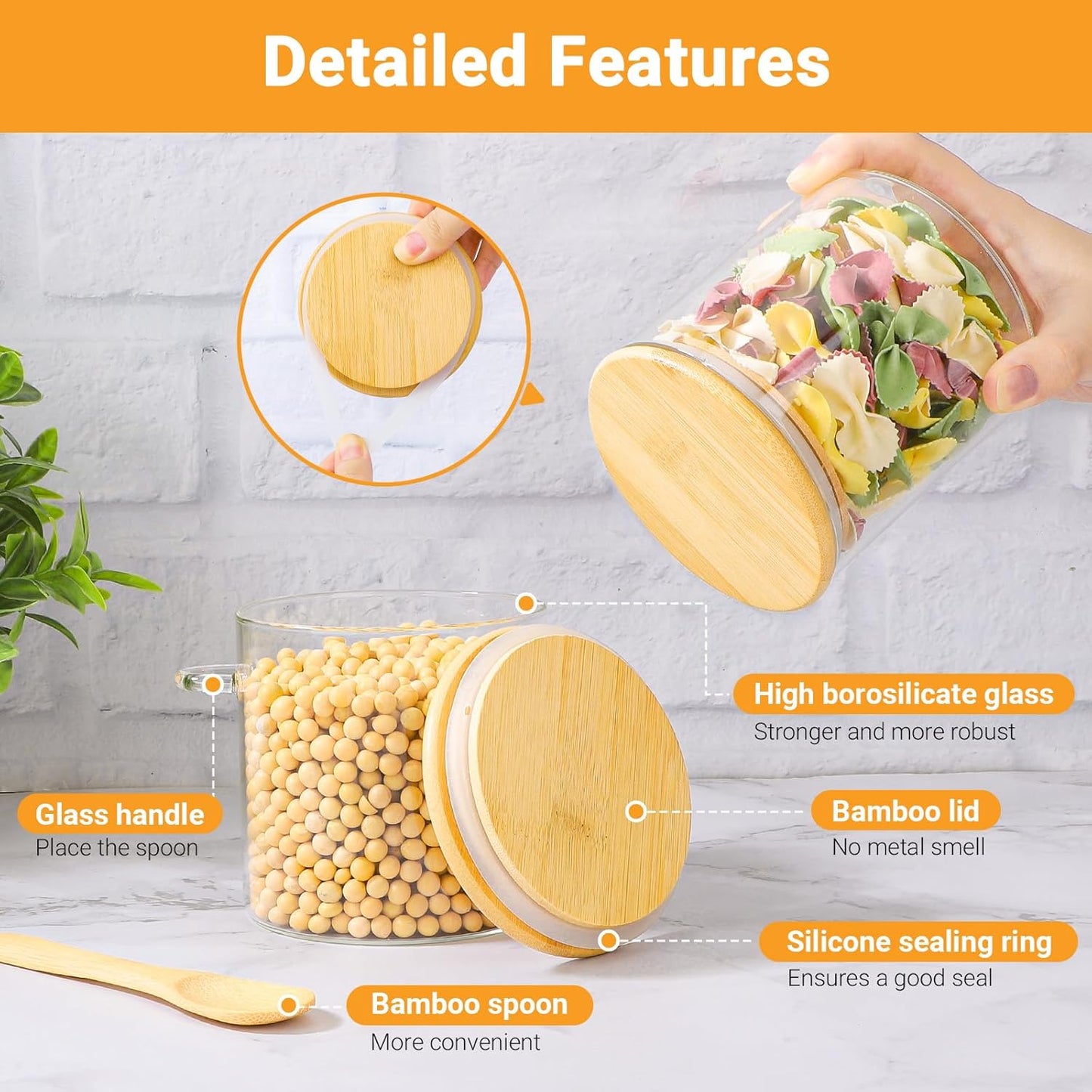 Glass Jars with Bamboo Lids Set of 4, 20 Fl.oz Round Glass Mason Jar with Airtight Lid and Spoon, Stackable Pantry Canister for Coffee, Sugar, Spice, Oats, Candy, Clear Loose Tea Containers