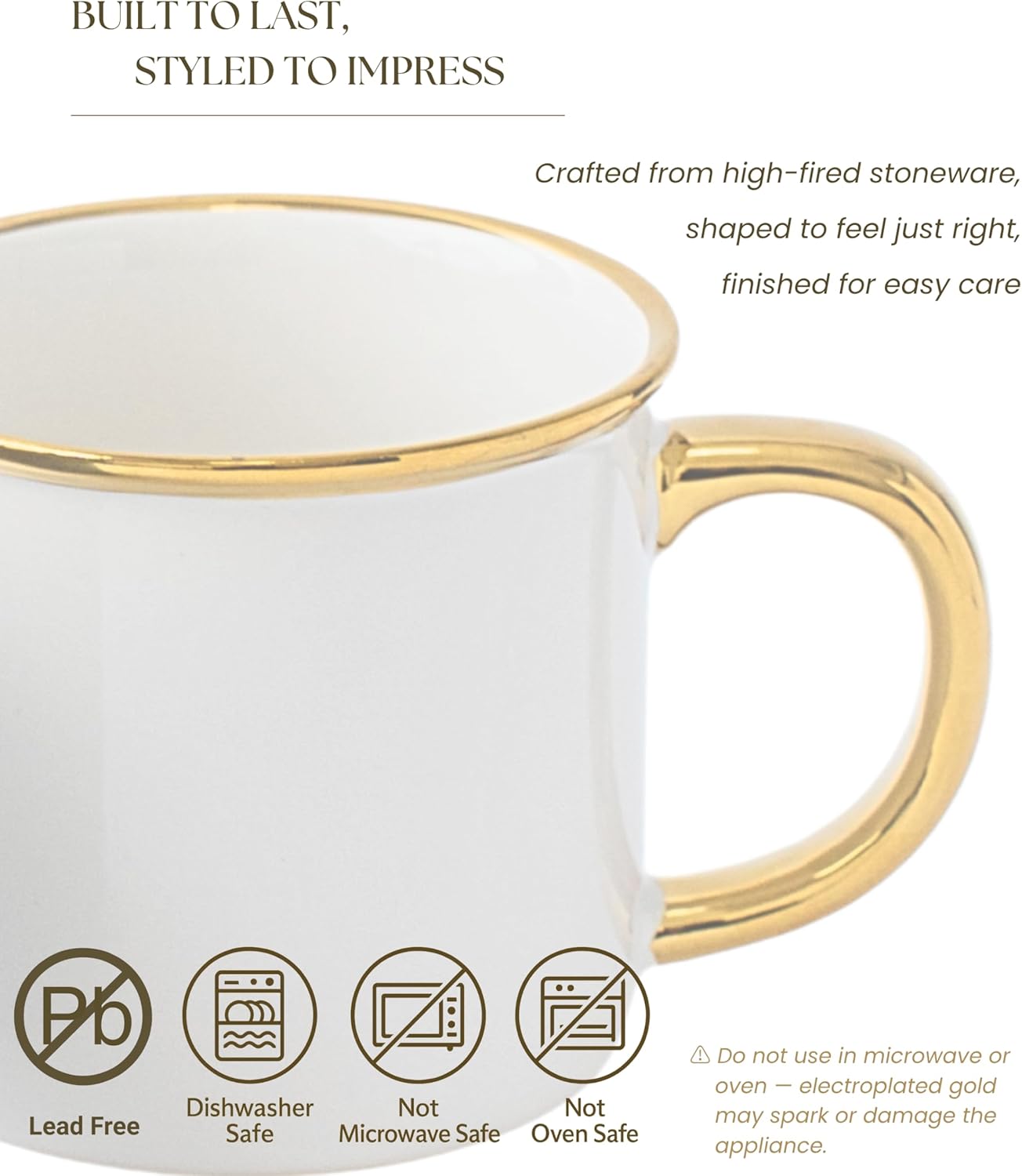 Stoneware Electroplated Mug Set of 4-15oz Ceramic Coffee & Tea Cups with Gold Handle - Perfect for Hot & Iced Drinks - Dishwasher Safe - Modern Chic Design - Ivory White & Gray - Ideal Gift