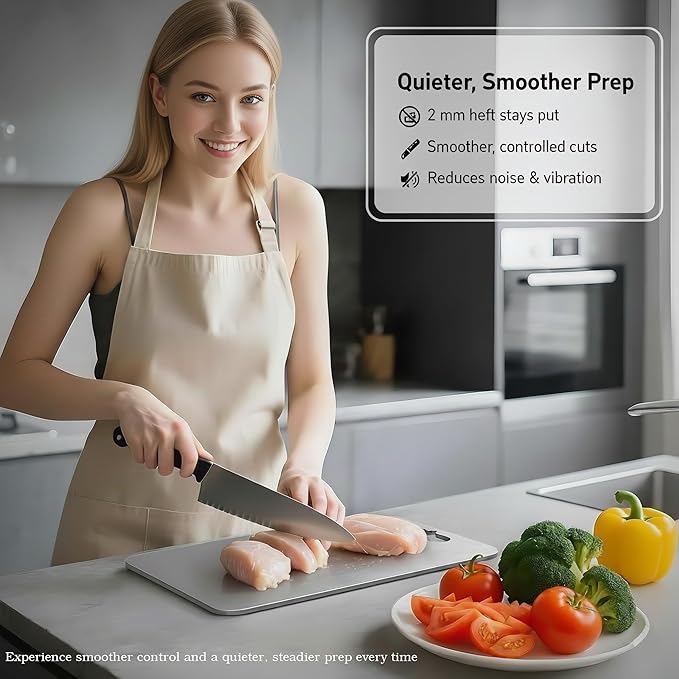 Titanium Cutting Boards For Kitchen, 2 mm Thick, 16 x 11 in 100% Pure Titanium Cutting Board, Stays Flat & Stable, Quieter, Less Vibration, Dishwasher Safe, Reversible, for Meat, Fish & Veg, BBQ Prep.