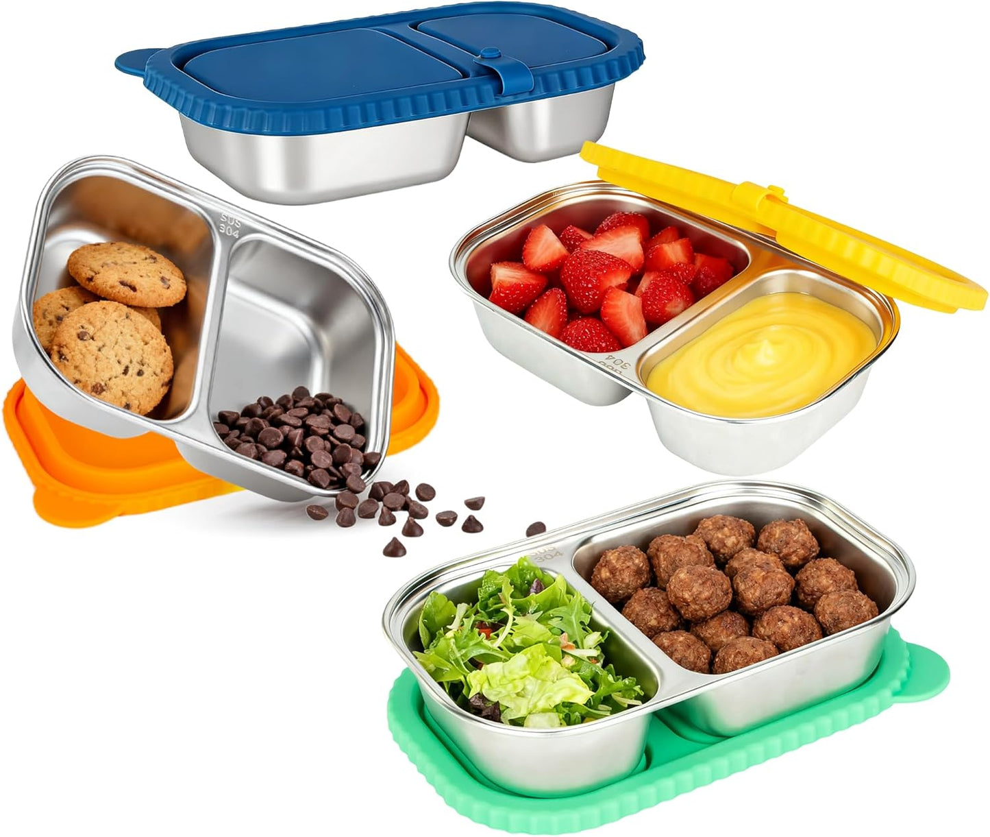 HI-REEKE 13 OZ Stainless Steel Snack Containers with Lids, 4 PCS Reusable Double Compartments Metal Snack Packs for Sauce