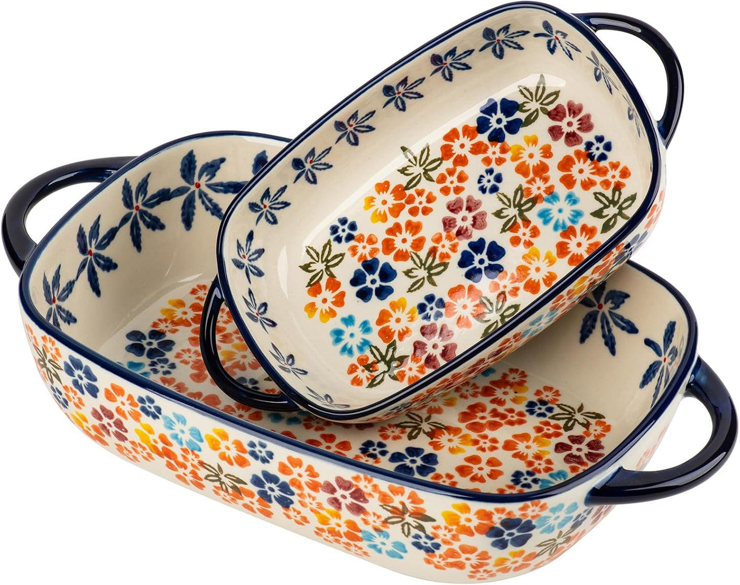 Retro pastoral style Ceramic Baking Dish Rectangular Bakeware Set Baking Pan, 2-piece Hand-painted Porcelain Baking pan with handle, Casserole Dish for Oven/Cooking/Kitchen (Colorful Flower)