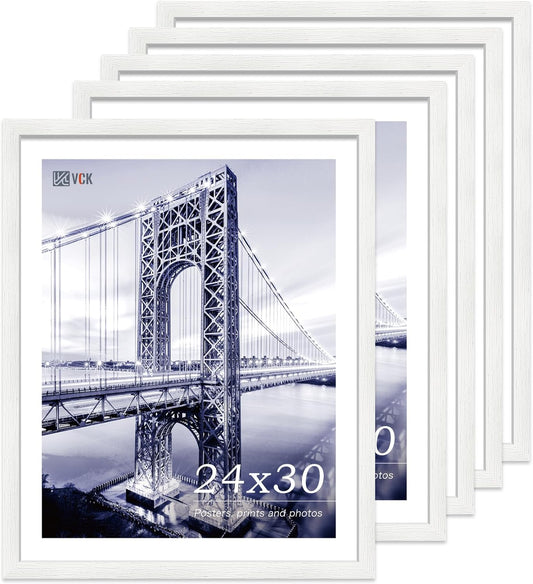 VCK 24x30 Poster Frame Set of 5 - White, Textured Exclusive Solid Wood Picture Frames with Polished Plexiglass, Wall Hanging