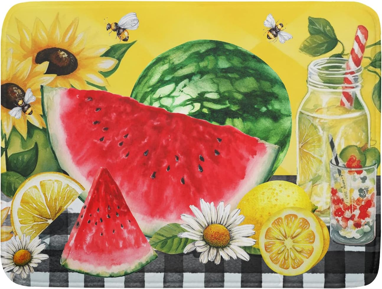 Dish Drying Mat Watermelon Summer Fruit Bee Flower Check Yellow Absorbent Dishes Pad Drainer Rack Mats Heat Resistant Kitchen Counter Protector Plate Bottle Pot Holder 18x24 Inch