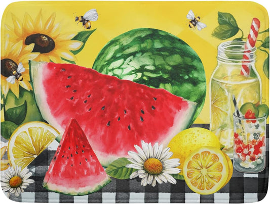 Dish Drying Mat Watermelon Summer Fruit Bee Flower Check Yellow Absorbent Dishes Pad Drainer Rack Mats Heat Resistant Kitchen Counter Protector Plate Bottle Pot Holder 18x24 Inch