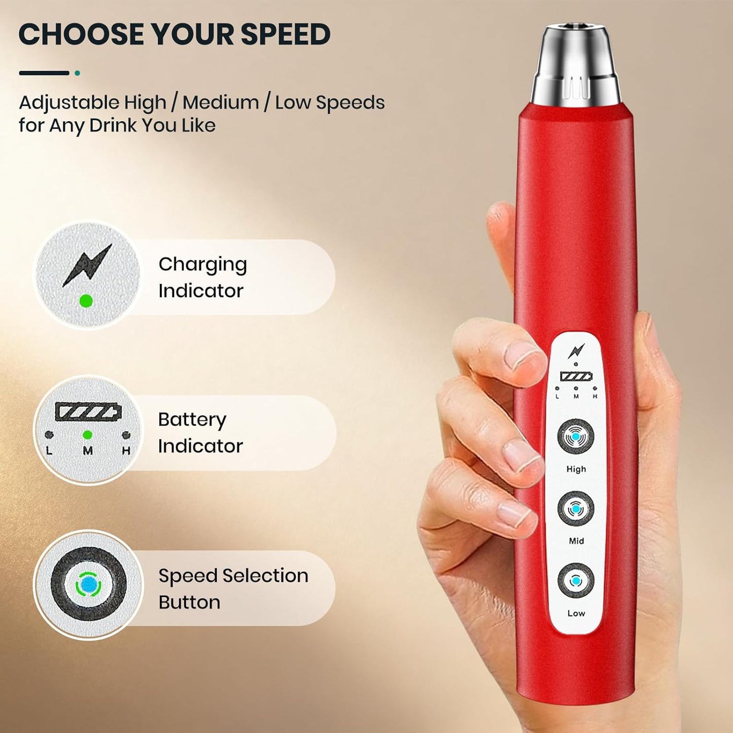 Milk Frother Handheld Rechargeable, Frother Wand Drink Mixer Electric Whisk for Coffee, Detachable With 3 Stainless Whisks, Hand Mixer for Lattes, Cappuccino, Matcha, Egg, No Stand, Red