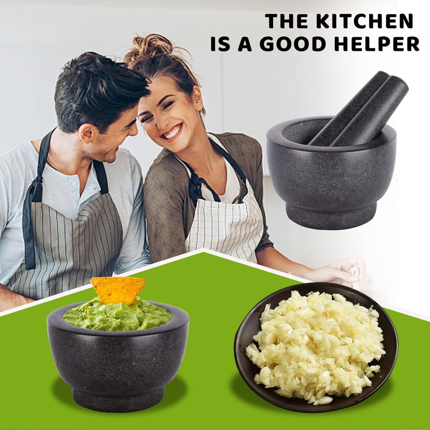 Mortar and Pestle Set,Heavy Duty,Unpolished Granite,5Inch-1.5Cup Capacity,Grinder for Spices and Seeds,Grinding,Crushing and Mashing Spices,Nuts,for Guacamole,Garlic Sauce,Black.