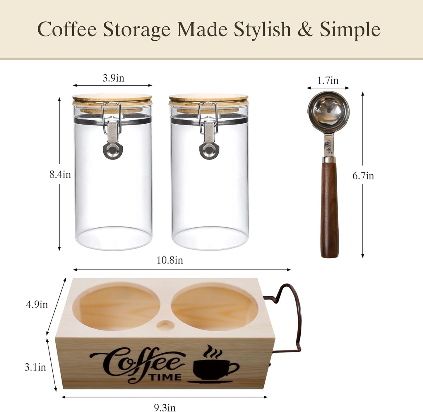 Glass Coffee Canister Set with Shelf & Spoon 2 Piece Coffee Containers for Coffee Bean Storage Airtight Seal, Coffee Bar Accessories Filter Holder for Kitchen Organization