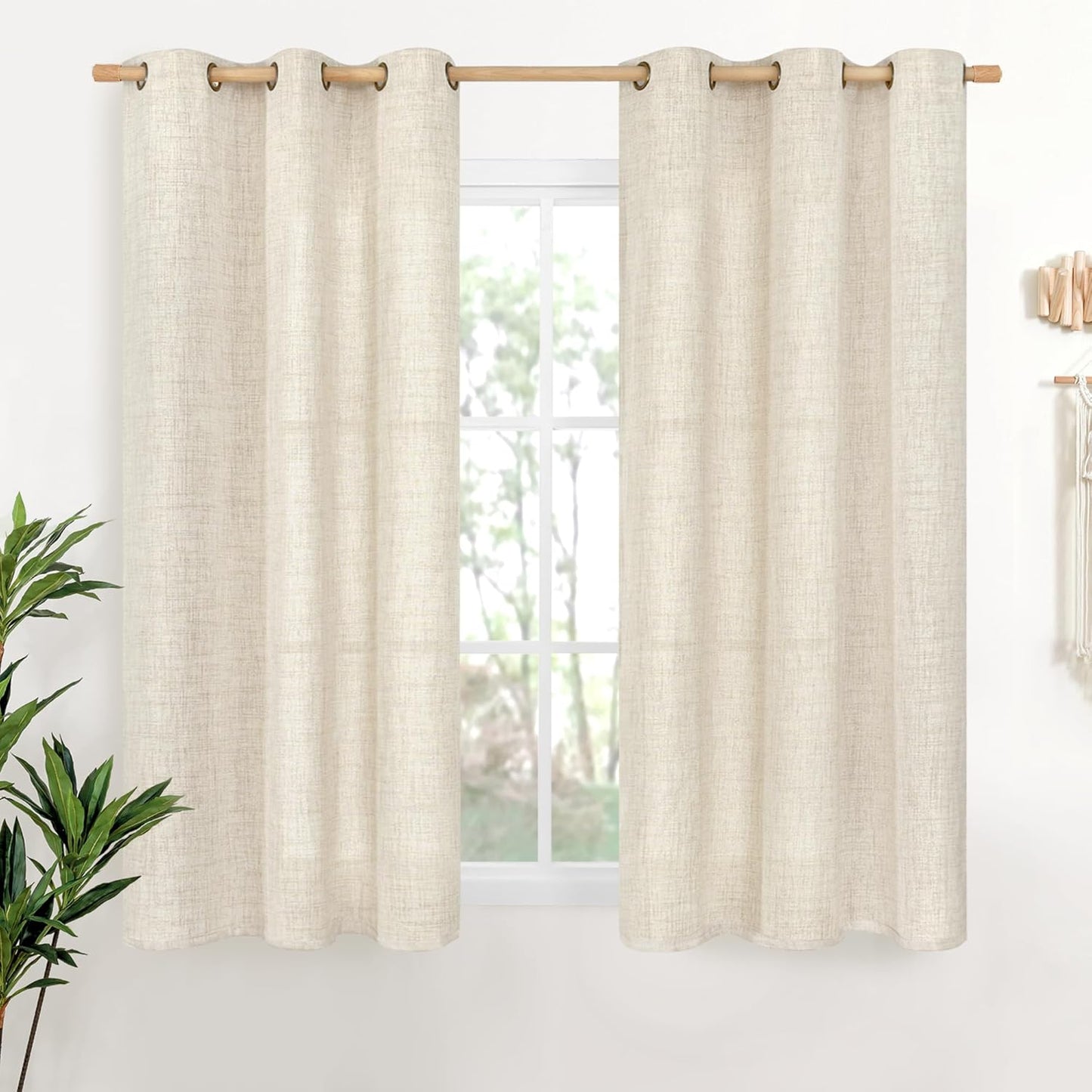 YoungsTex Linen Cream Curtains 54 Inches Length for Kitchen Bathroom Window, Boho Semi Sheer Drapes with Bronze Grommet Light Filtering for Bedroom Living Room, 42 x 54 Inch, 2 Panels