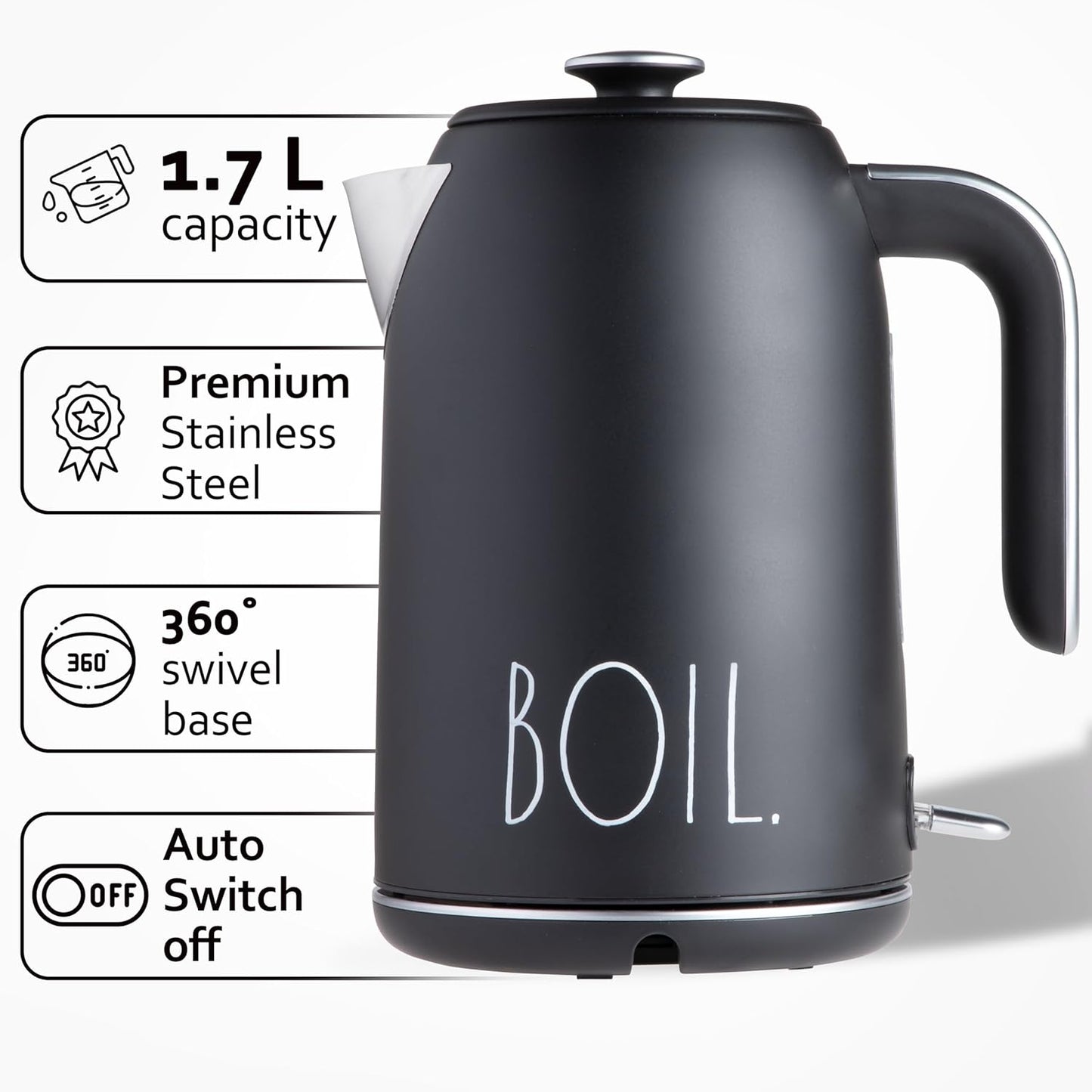 Rae Dunn Electric Hot Water Kettle - Stainless Steel Coffee Maker, Tea Kettle, Swivel Base, With Automatic Shut Off Boil-Dry Protection, Easy Pour Pitcher, 1500 Watt Boiling Power, 1.7 Liters, Black