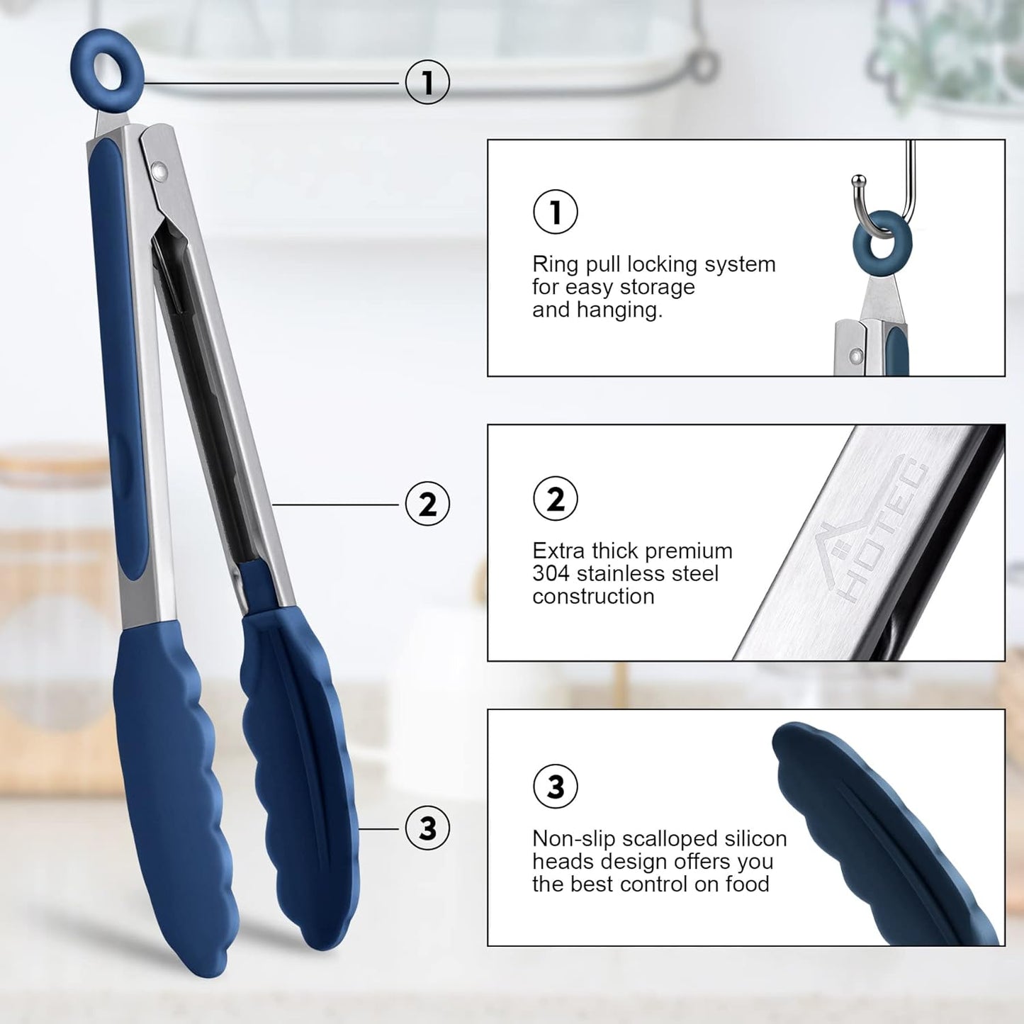 HOTEC Premium Stainless Steel Locking Kitchen Tongs with Silicon Tips, Set of 2-9" and 12", Classic Blue