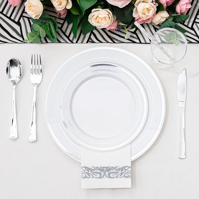 175 PCS Silver Dinnerware Set for 25 Guests, Silver Rimmed Heavy Duty Plastic Disposable Plates for Party Wedding with 25 Dinner Plates,Dessert Plates, Silverware Set, Cups, Napkins