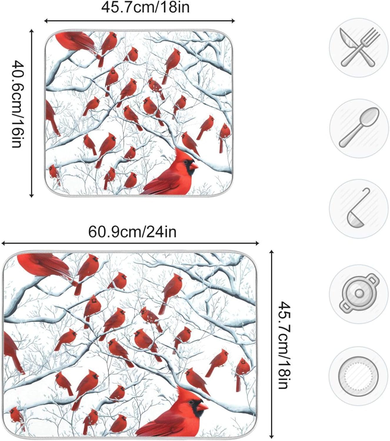 Red Birds on Branches Dish Drying Mat for Kitchen Counter Super Absorbent Dishes Pad Reversible Microfiber Protector Dish Draining Mats 16x18 inch