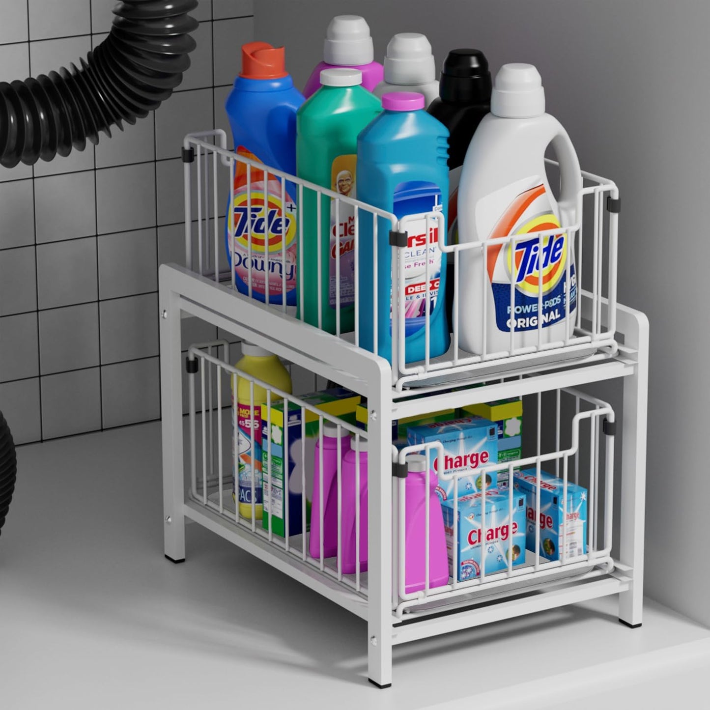 2 Tier Sliding Basket Drawer Organizer, Lxmons Pull Out Under Sink Cabinets Organizers, Metal Home Shelf for Bathroom or Kitchen, Sliding Countertop or Pantry Storage Shelf, Large White