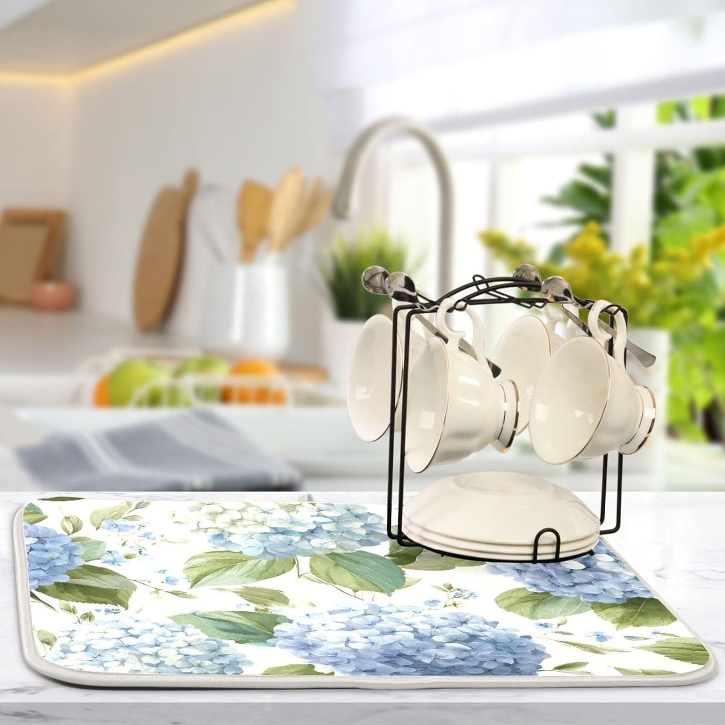 Watercolor Hydrangeas Dish Drying Mat Super Absorbent Drying Mat 16x18 inch Large Dish Drying Mats for Kitchen Counter Dish Drying Pads Kitchen Drying Matt for Countertop