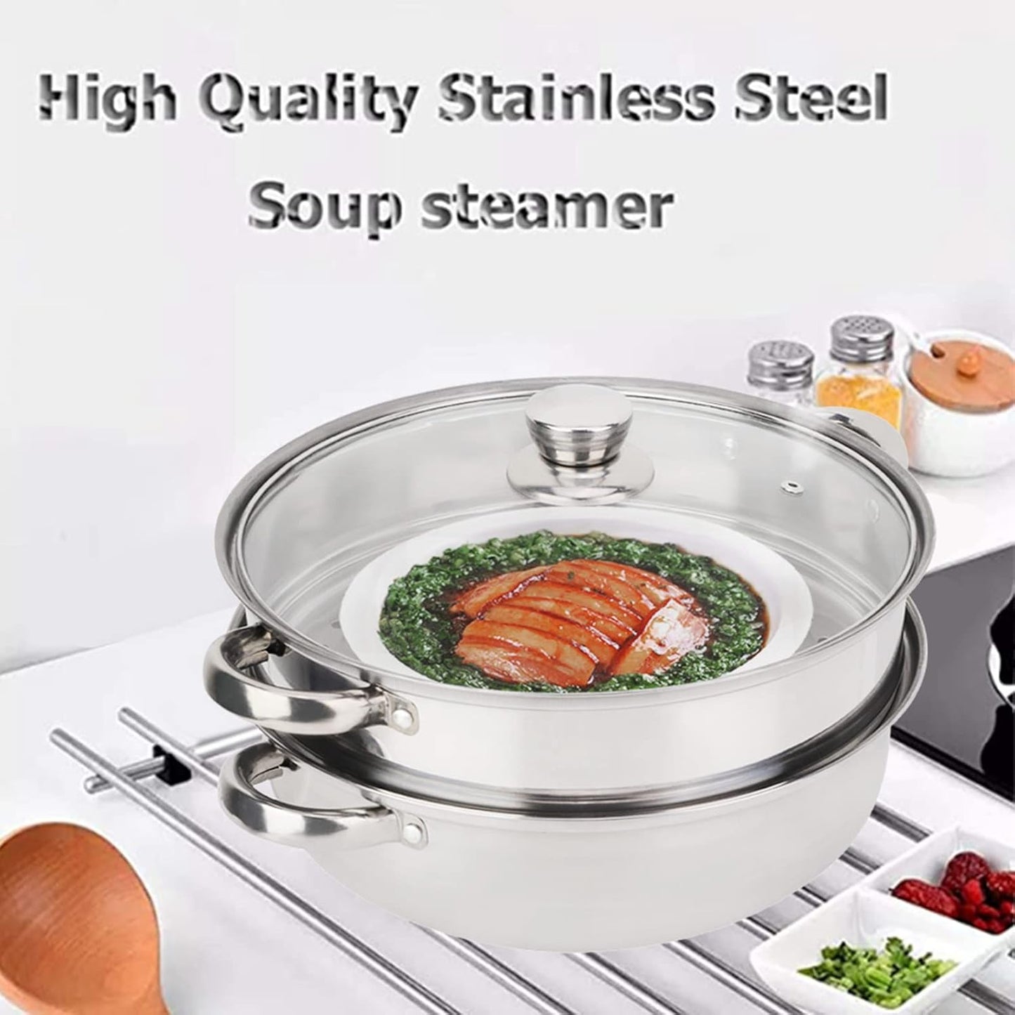 Double Vegetable Steamer Pot, 27cm/11in Stainless Steel Pot Kitchen Pots Steamer Basket Double Boiler Pot Double Broiler Pan Set for Vegetable, Dumpling, Stock, Sauce