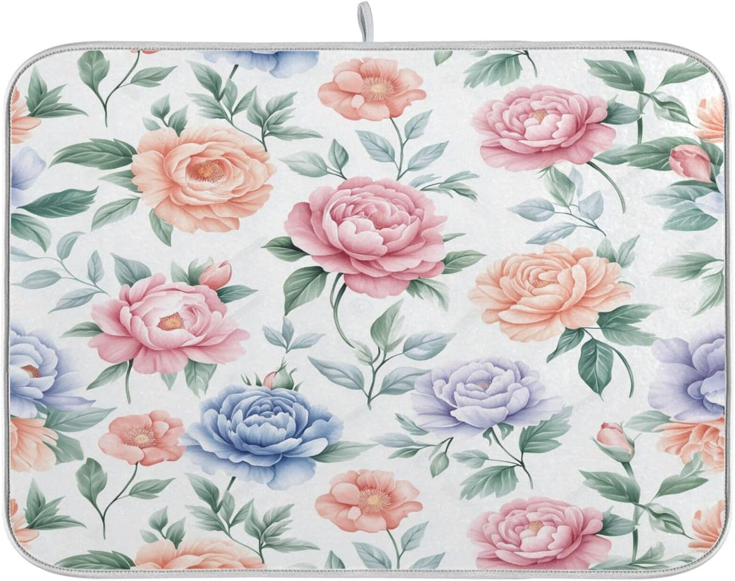 Watercolor Floral Peonies and Roses Dish Drying Mat for Kitchen Counter Super Absorbent Dishes Pad Reversible Microfiber Protector Dish Draining Mats 16x18 inch