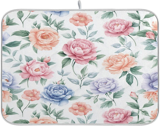 Watercolor Floral Peonies and Roses Dish Drying Mat for Kitchen Counter Super Absorbent Dishes Pad Reversible Microfiber Protector Dish Draining Mats 16x18 inch