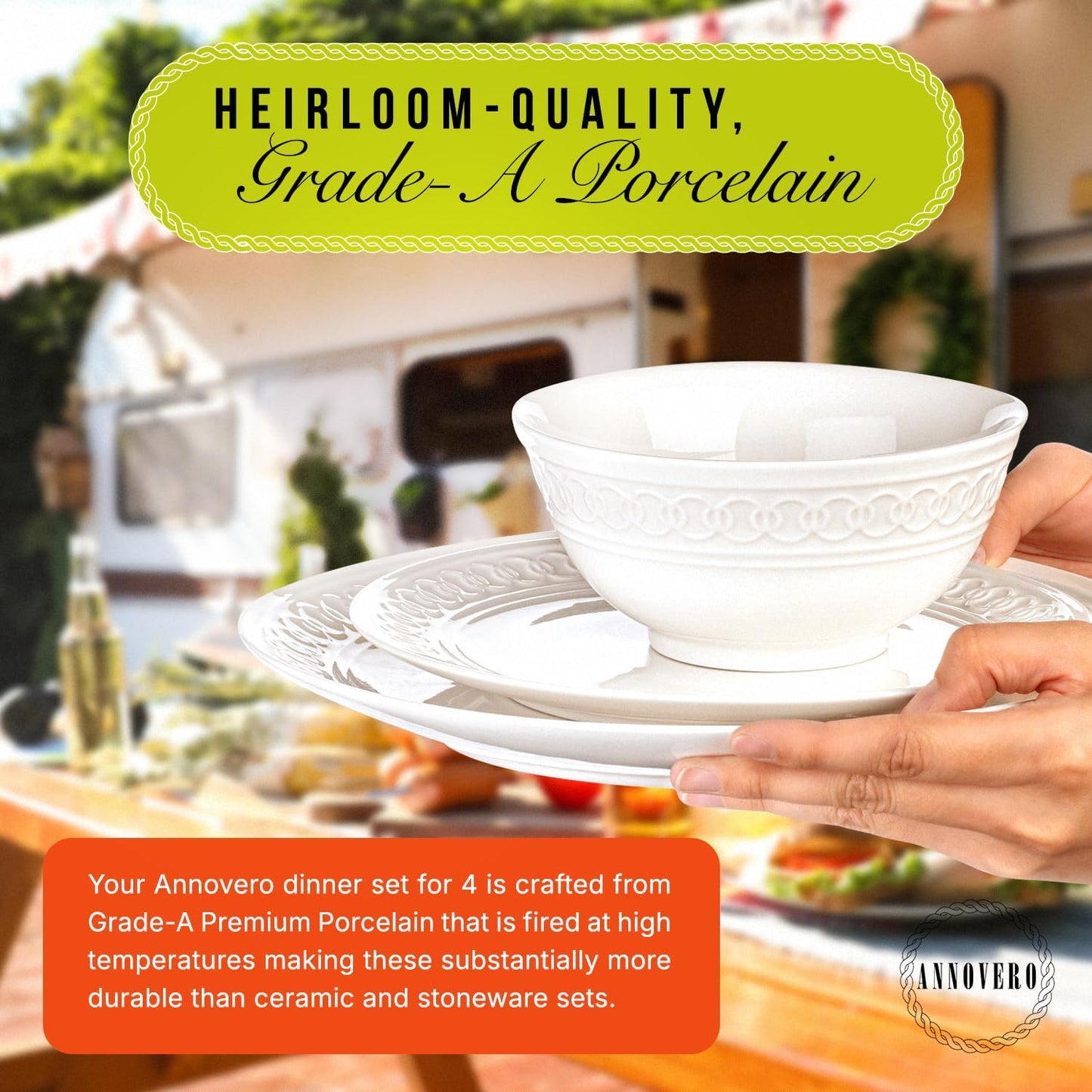 Annovero Plates and Bowls Sets - Dishes Set for 4 - Microwave Safe - 12 Piece Porcelain Dinnerware for Kitchen - Includes 4 Dinner & 4 Appetizer Plates, 4 Cereal Bowls - Zero Lead & Cadmium