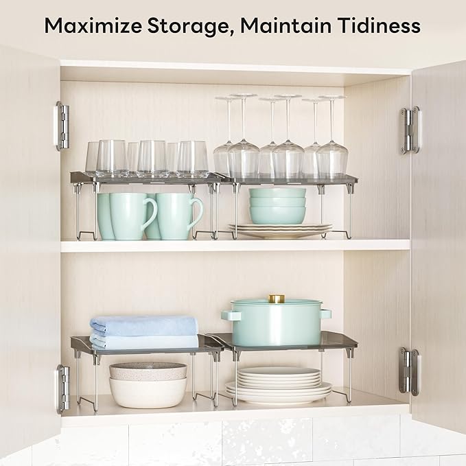 2 Pcs Cabinet Organizer Shelf，Stackable Kitchen Counter Shelves, Spice Rack,Countertop Organizers，Black Plastic Storage Shelves Rack for Makeup，Bathroom, Cupboard，Desk，Pantry Organization