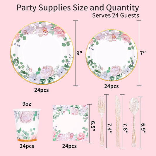 168 PCS Floral Plates and Napkins Party Supplies Serve 24 Flower Disposable Paper Dinnerware Sets for Adults Bridal Shower Decorations Baby Shower Birthday Wedding Engagement Tea