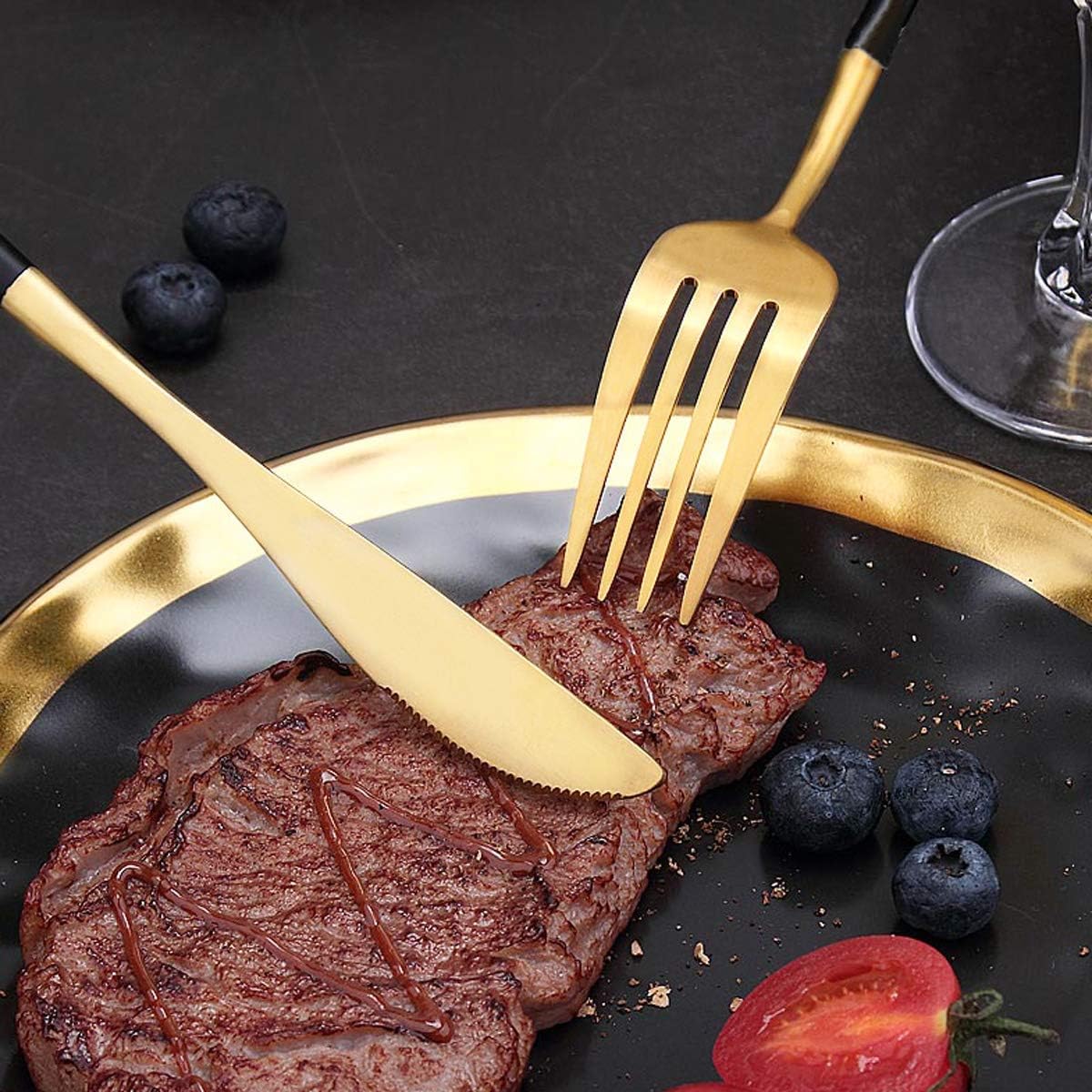 I00000 144 PCS Black Silverware Set, Plastic Silverware with Black Handle, Gold Plastic Cutlery Includes: 48 Forks, 48 Knives and 48 Spoons for Party or Dinner& Wedding