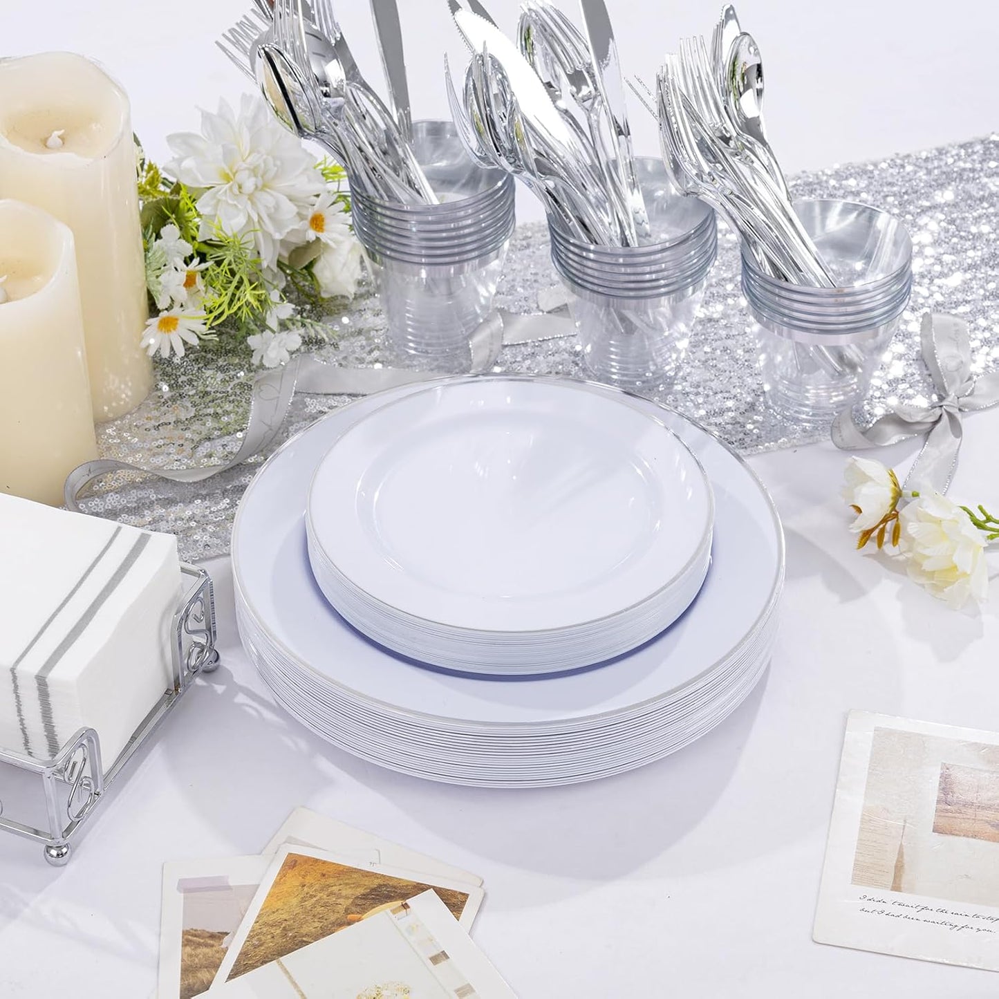 SUT 350 Piece Silver and White Plastic Dinnerware Set for 50 Guests, Disposable Plastic Plates, Include: 50 Dinner Plates, 50 Dessert Plates, 50 Pre Rolled Napkins with Silver Silverware, 50 Cups