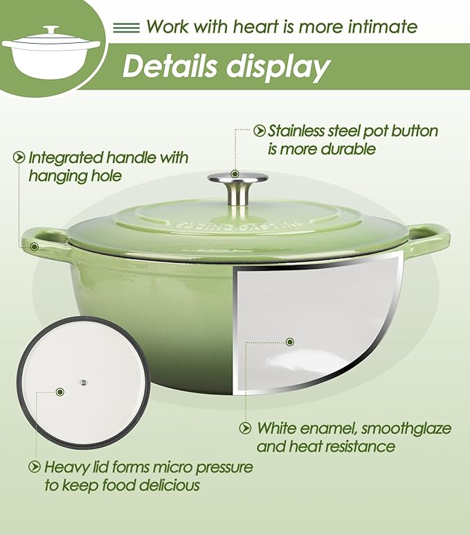 Enameled Cast Iron Dutch Oven Pot with Lid for Sourdough Bread Baking, Bread Dutch Ovens, Cooking Pots, 5 Quart, Pistachio Green