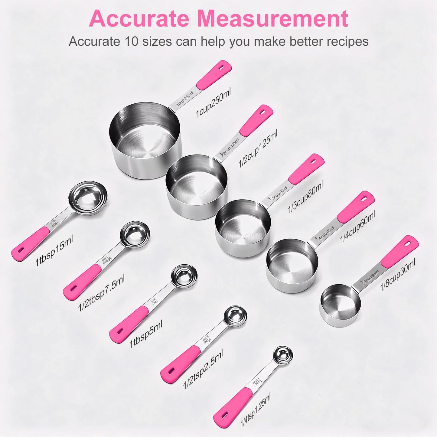Measuring Cups and Spoons Set, Stainless Steel 10 Piece for Cooking and Baking (5 Cups + 5 Spoons, Pink Handle)