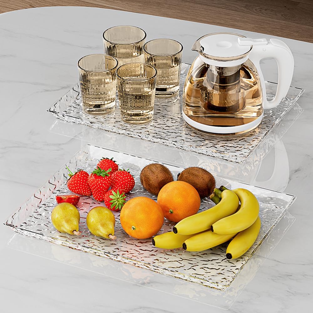 Countertop Crystal Fruit Tray,Plastic Clear Reusable Serving Trays,Rectangular Ripple Decorative Bowl for Ice Cream Candy Nut Fruits Display