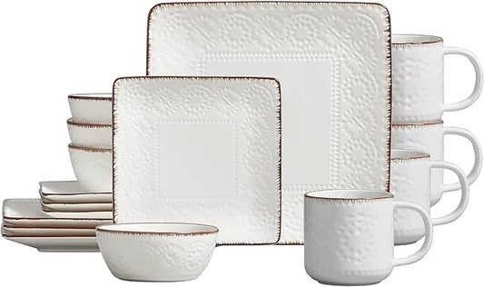 ONEMORE Ceramic Dinnerware Set, 16PCS Square Plates, Bowls & Cups Set - Scratch Resistant, Dishwasher Safe Kitchen Dishes, Ceramy White