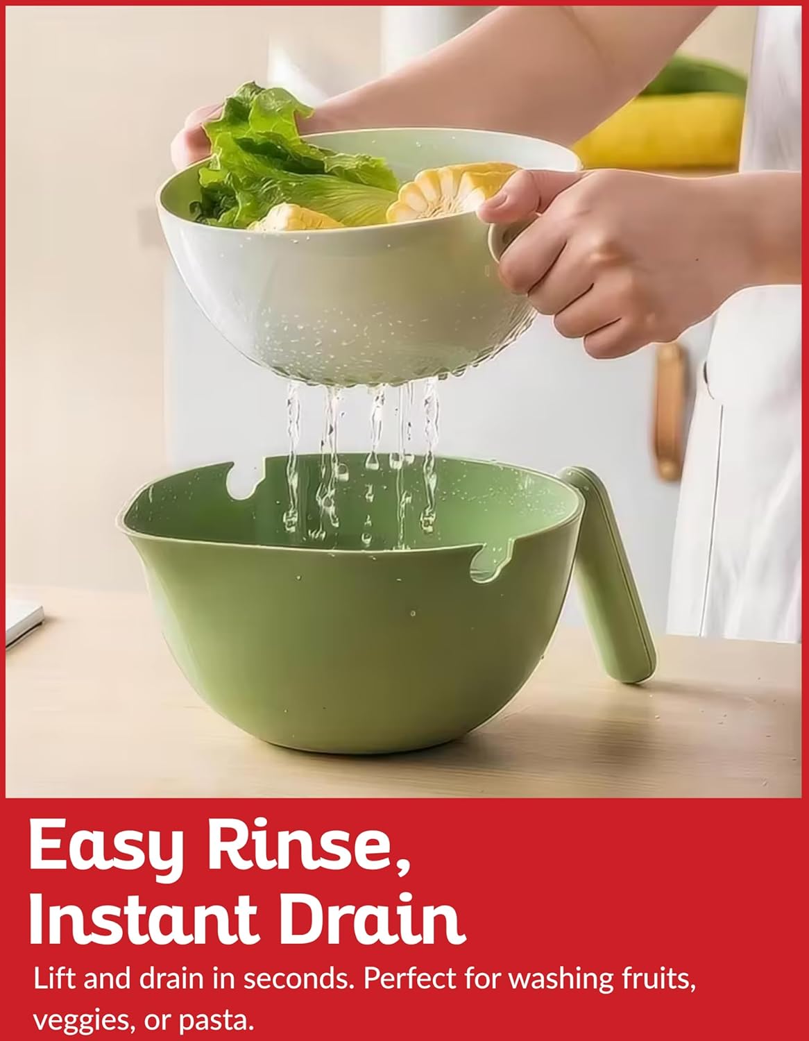 Multi Functional Draining Basket – Double Layer Colander & Bowl Set for Pasta, Fruits, Vegetables & Rice – Durable BPA-Free, Dishwasher Safe (Avocado Green)