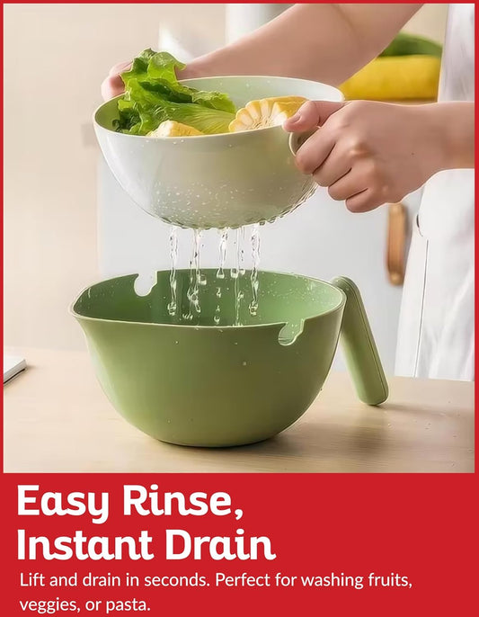 Multi Functional Draining Basket – Double Layer Colander & Bowl Set for Pasta, Fruits, Vegetables & Rice – Durable BPA-Free, Dishwasher Safe (Avocado Green)