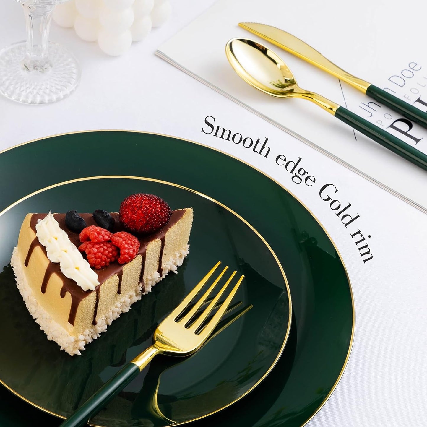 100PCS Green Gold Plastic Plates, Green Disposable Plates for Party, Wedding, Include 50 Dinner Plates, 50 Dessert Plates for 50 Guests