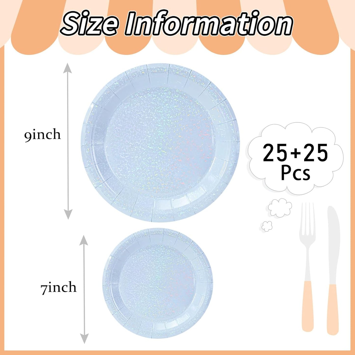50 Pcs Iridescent Light Blue Paper Plates 25 × 7'' and 25 × 9'' Disposable Blue Shiny Holographic Foil Dinner Plates for Wedding Baby Shower Birthday Disco Party Glitter Dessert Plate