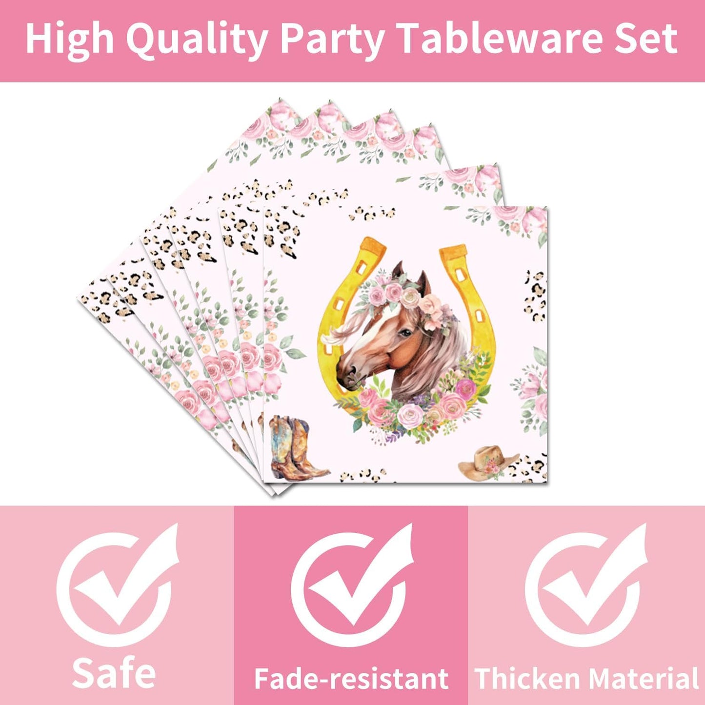 Horse Birthday Party Supplies Tableware - 96 Pcs Cowgirl Birthday Party Decorations, Horse Themed Party Paper Plates and Napkins Sets with Forks, Western Baby Shower Disposable Dinnerware, Serves 24