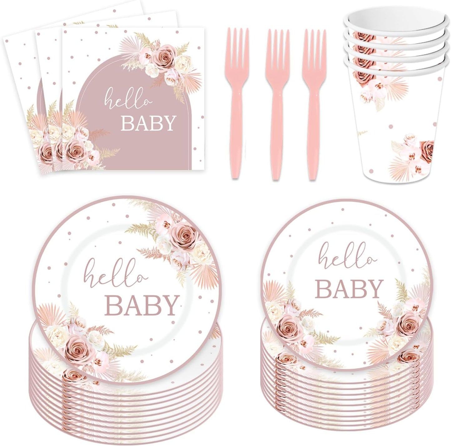 120PCS Boho Baby Shower Party Plates and Napkins Cups Hello Baby Shower Dinnerware Supplies Pampas Grass Floral Rainbow for Baby Girls Tableware Set for 24 Guests