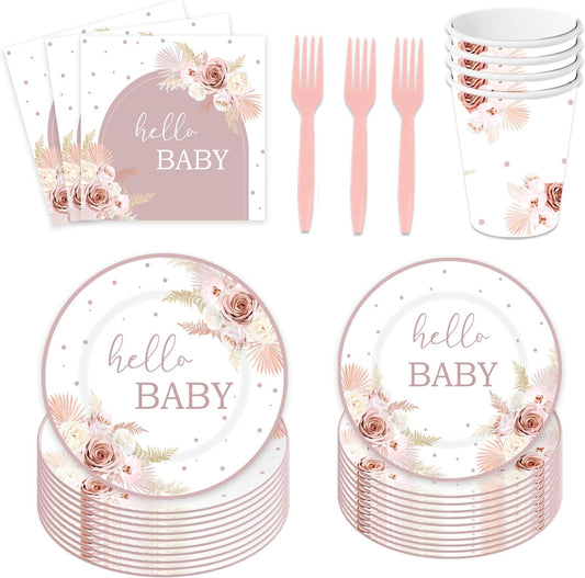 120PCS Boho Baby Shower Party Plates and Napkins Cups Hello Baby Shower Dinnerware Supplies Pampas Grass Floral Rainbow for Baby Girls Tableware Set for 24 Guests