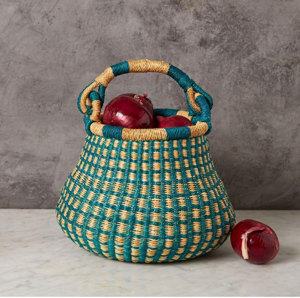 Kitchen Decor, Kitchen Storage, Fruit Bowl, Wicker Basket, Woven, Shelf Decor, Decorative Bowl, Harvestng Basket, Boho, African, Bolga, Pot Shape, 9" W, Small, Turquoise