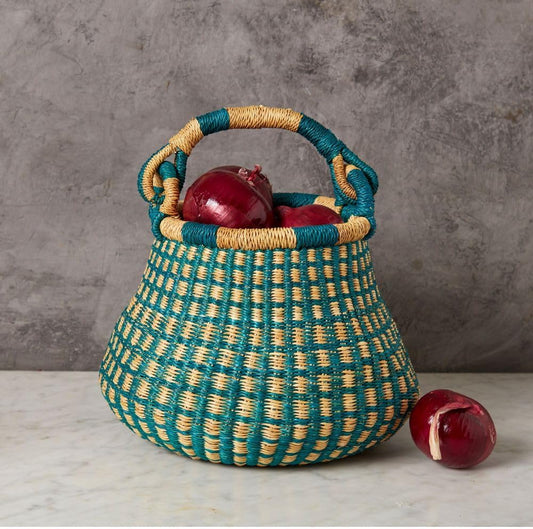 Kitchen Decor, Kitchen Storage, Fruit Bowl, Wicker Basket, Woven, Shelf Decor, Decorative Bowl, Harvestng Basket, Boho, African, Bolga, Pot Shape, 9" W, Small, Turquoise