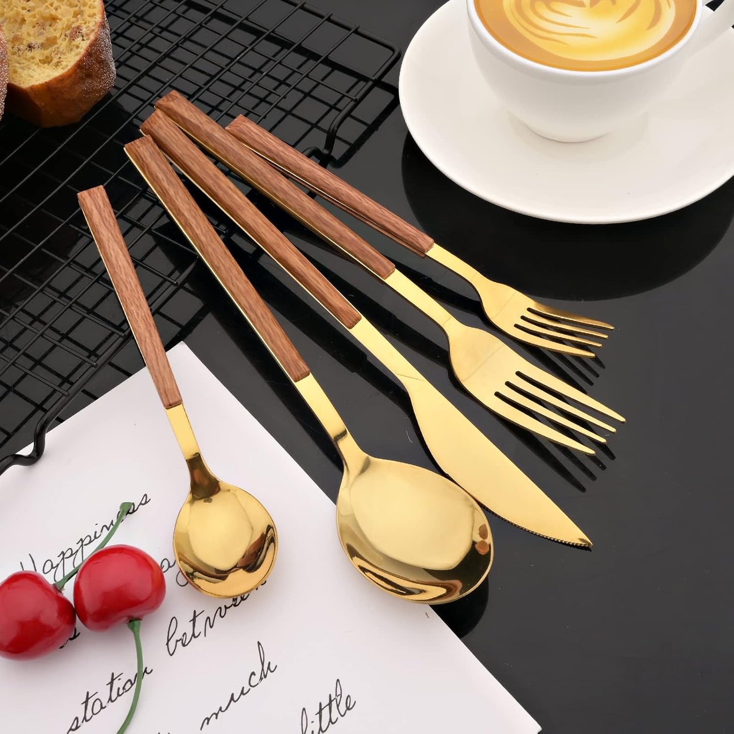 JASHII Wood Handle Flatware Set, 20 Pieces Stainless Steel Silverware Cutlery Set, Mirror Polished, Square Knife Fork Spoon Set, Dishwasher Safe - Korean Style Gold