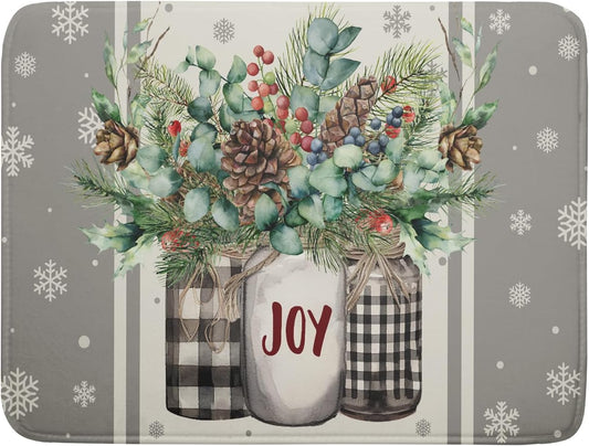 Christmas Dish Drying Mat for Kitchen Counter 18x24 Inch,Large Winter Poinsettia Berry Pinecone Grey Dish Drainer Rack Mats Heat Resistant Foldable Absorbent Draining Pad